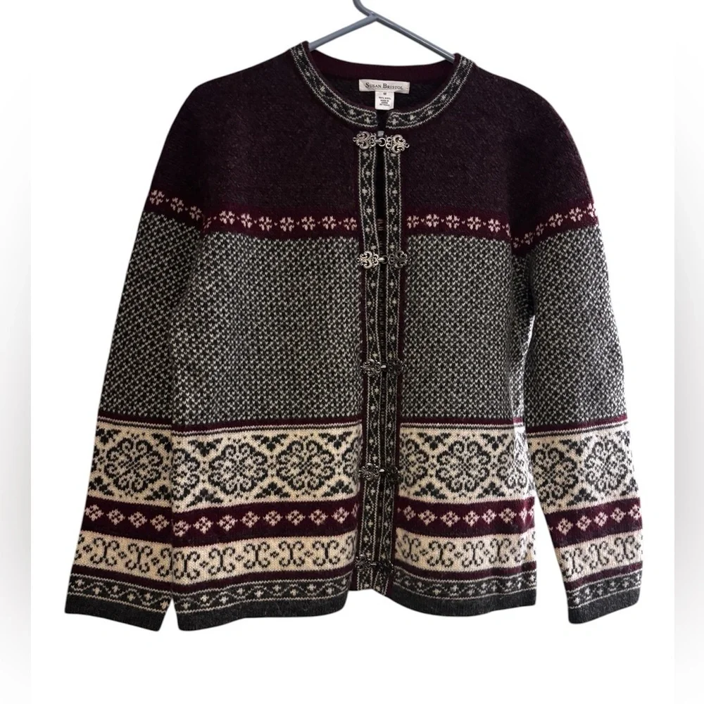 Cozy Susan Bristol Burgundy, Cream & Black Nordic-Patterned Cardigan | Size M